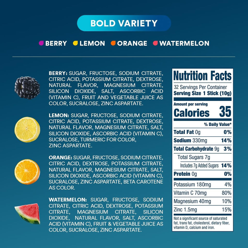 DripDrop Bold Variety Pack Electrolyte Powder, 8 oz sticks, 32 count - RUN7