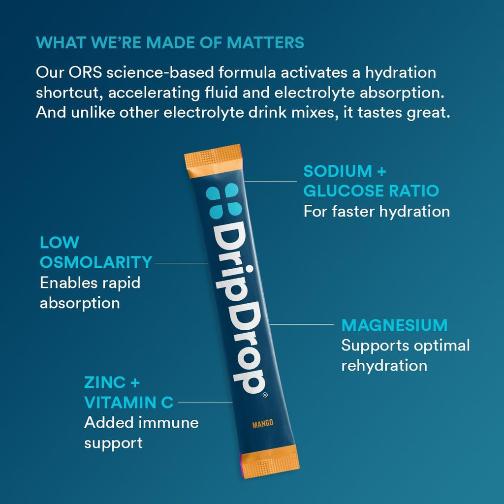 DripDrop Tropical Variety Pack Electrolyte Powder, 8 oz sticks, 32 count - JDML