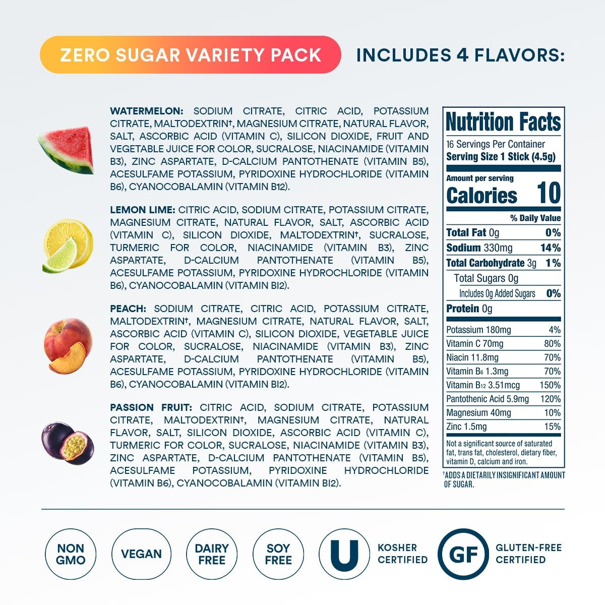 DripDrop Zero Sugar Classic Variety Pack Electrolyte Powder, 8 oz sticks, 16 count - Q4NV